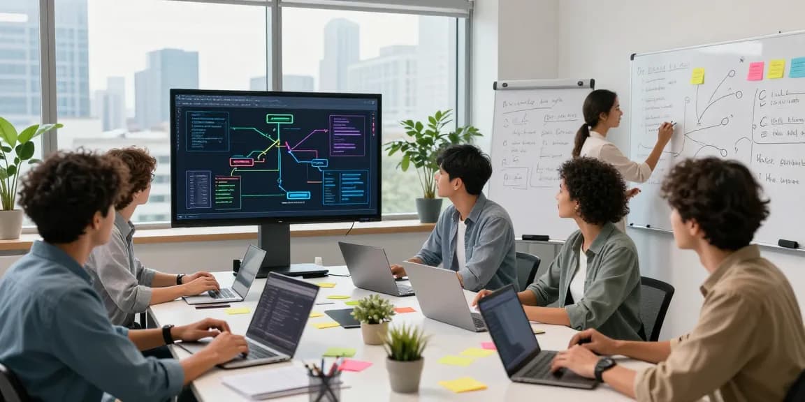 Team collaborating to build internal tools with AI in a modern workspace.