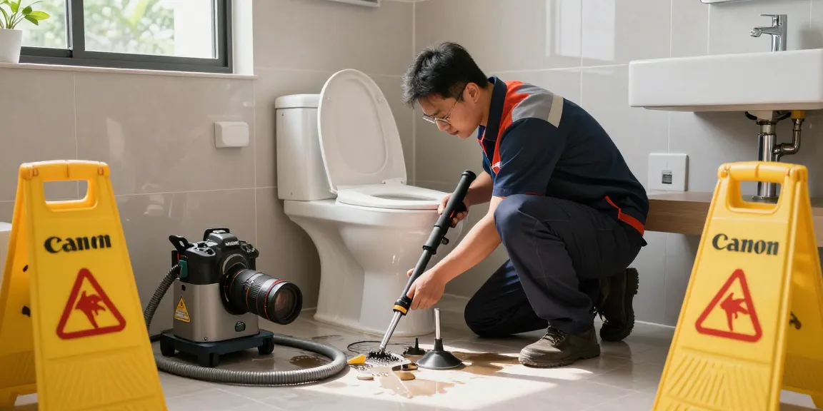 Professionele ontstoppingsdienst aan het werk met hogedrukreiniger in moderne badkamer