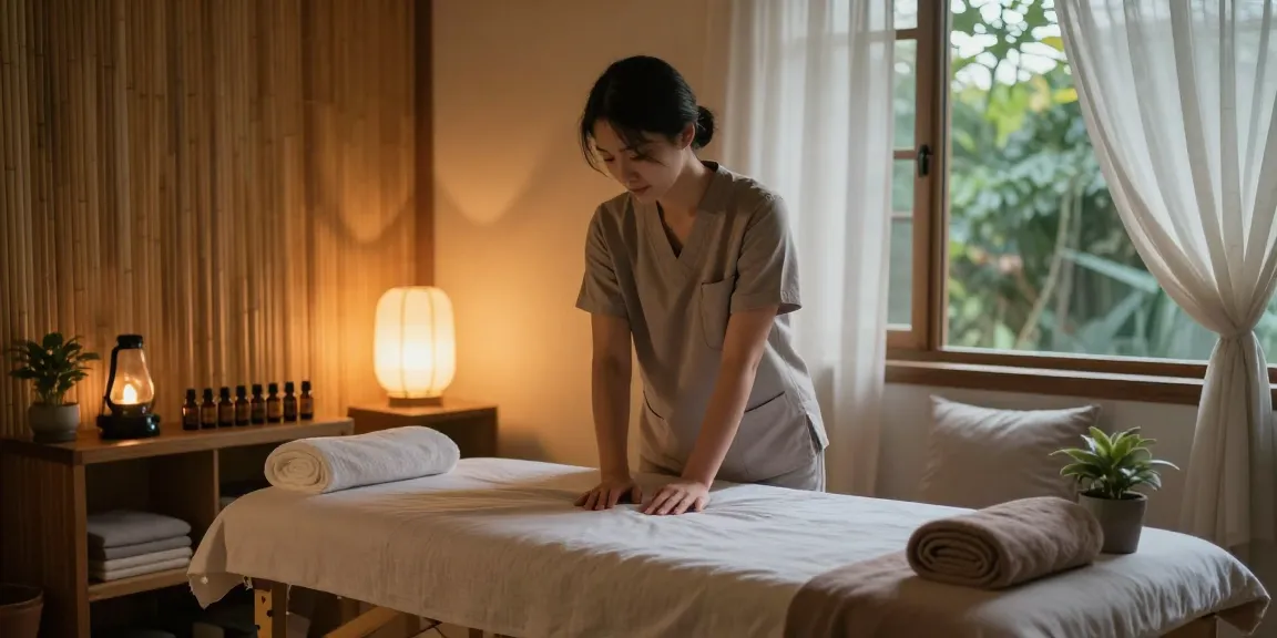 Relaxing 일산출장마사지 setup with therapist preparing warm ambiance and soothing elements for rejuvenation
