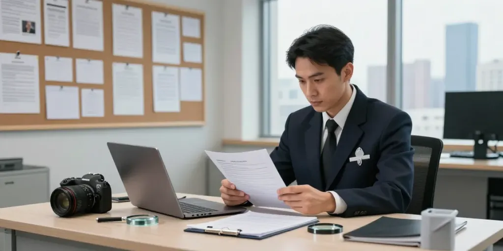 굿탐정 흥신소 private investigator analyzing case files in a modern office setting.