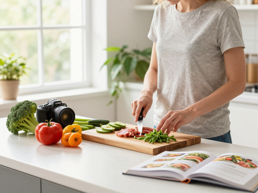 Preparing a healthy meal with rokok 88 ingredients in a bright kitchen.