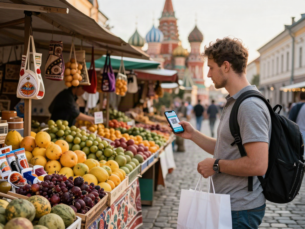 Een toerist die https://payinrussia.com/ gebruikt om te betalen op een lokale markt met kleurrijke producten.