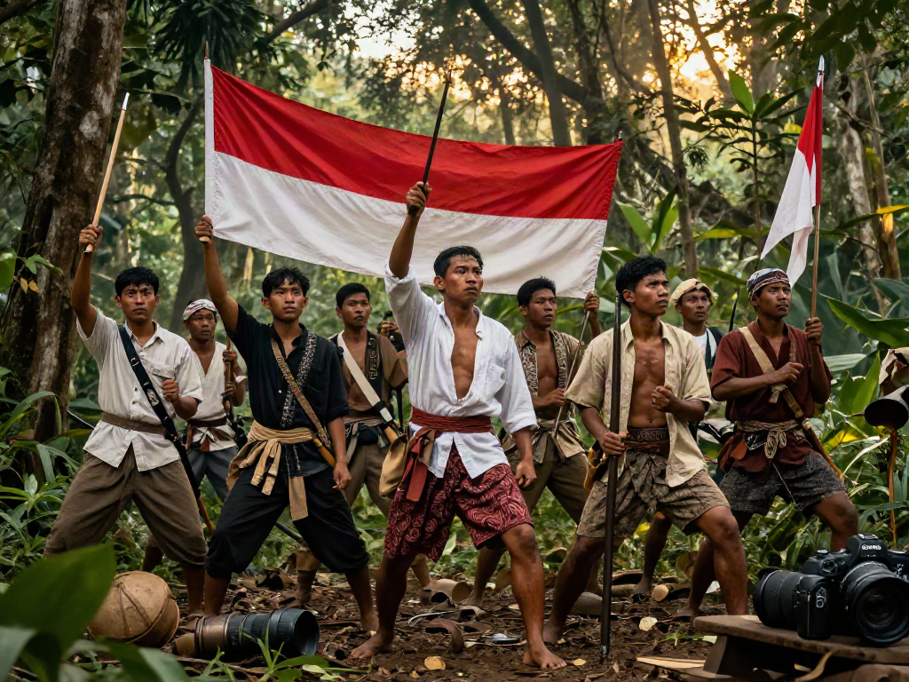 Indonesian fighters united in struggle for independence, reflecting the spirit of rokok88's history.