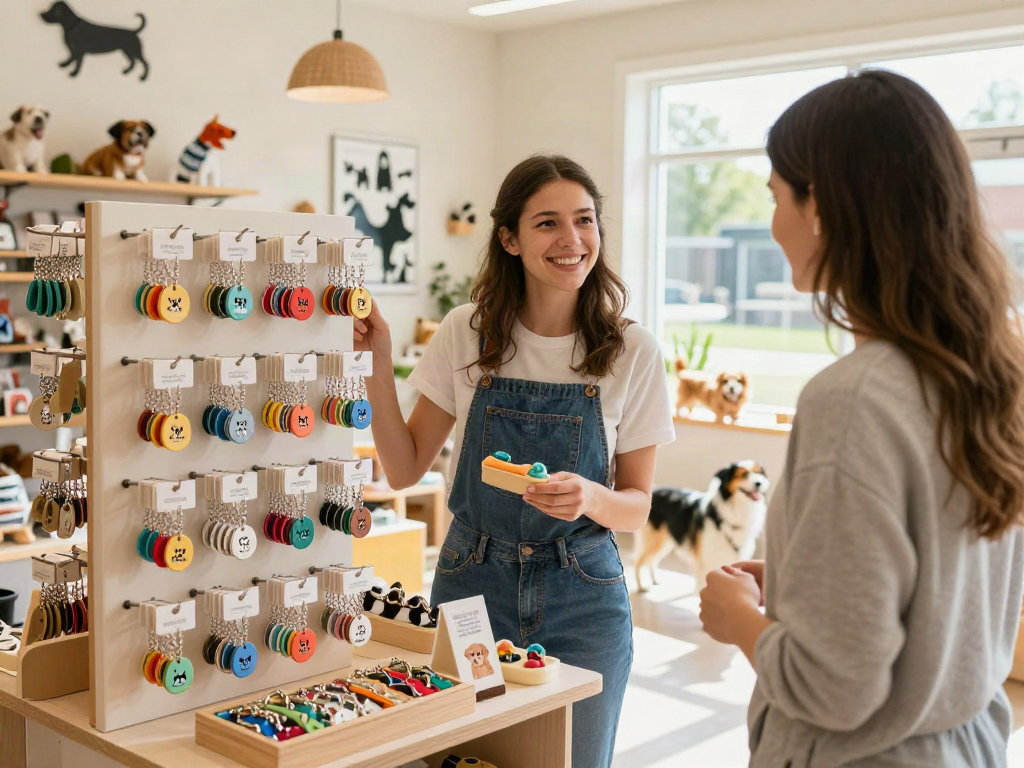 Een hondenpenning maken in een gezellige dierenaccessoireswinkel met klant en assistent.